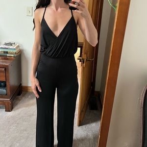 Crisscross Back Satin Black Jumpsuit